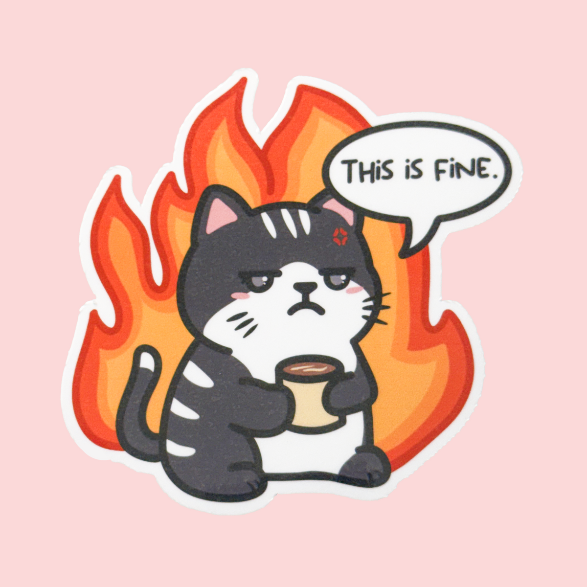 Illustration of a cat in flames with a speech bubble saying 'This is fine.' on a pink background