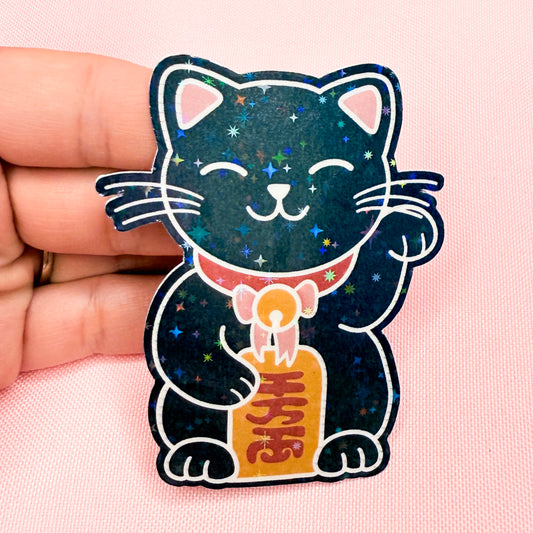 Black Lucky Cat Sparkle Vinyl Sticker