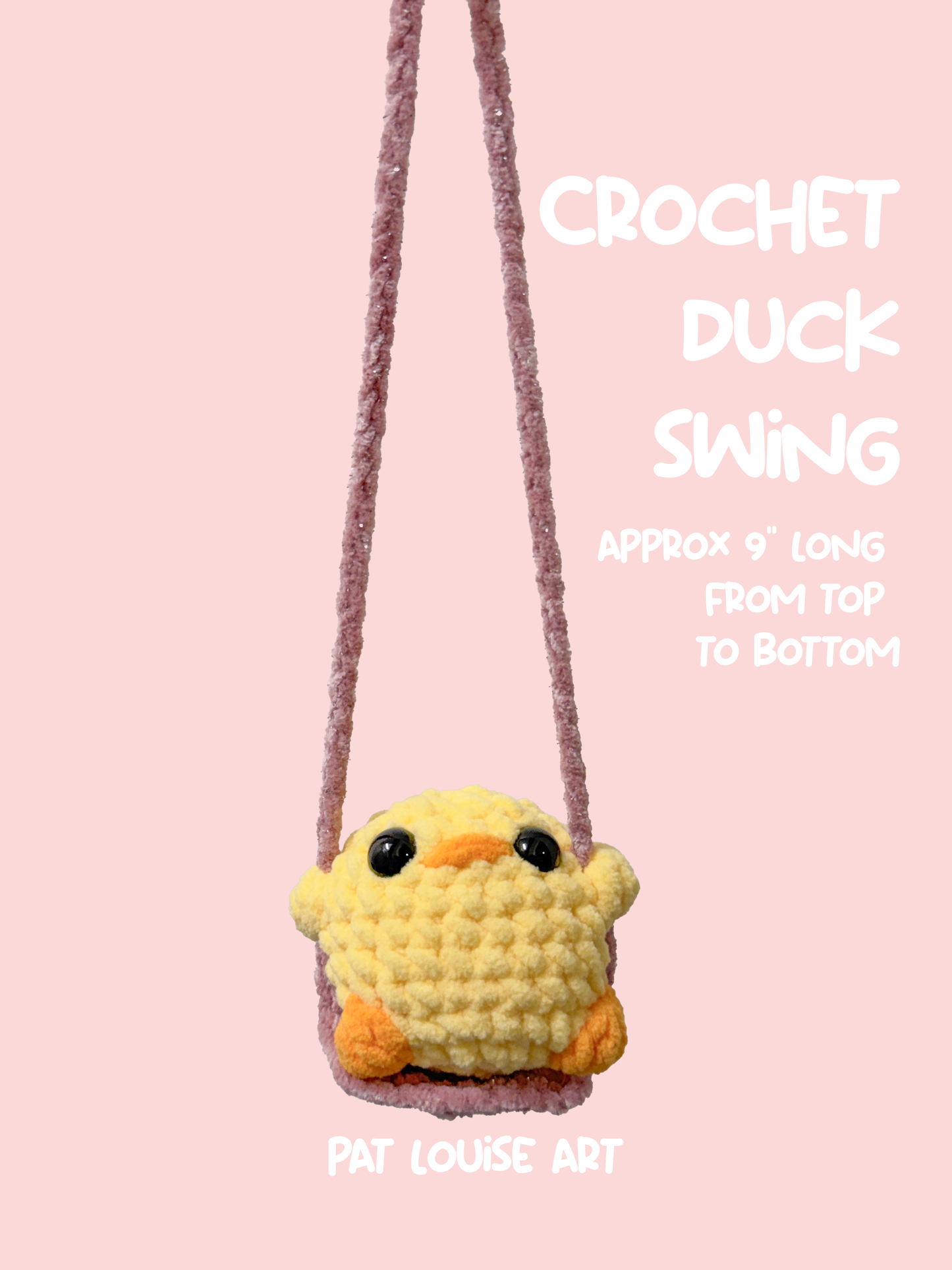 Crocheted duck on a swing with text about dimensions and artist on a pink background