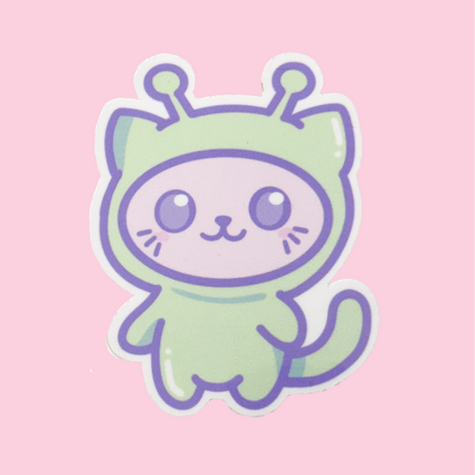 Cartoon cat in a space suit on a pink background
