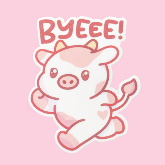 Cartoon cow with 'BYEEE!' text on a pink background